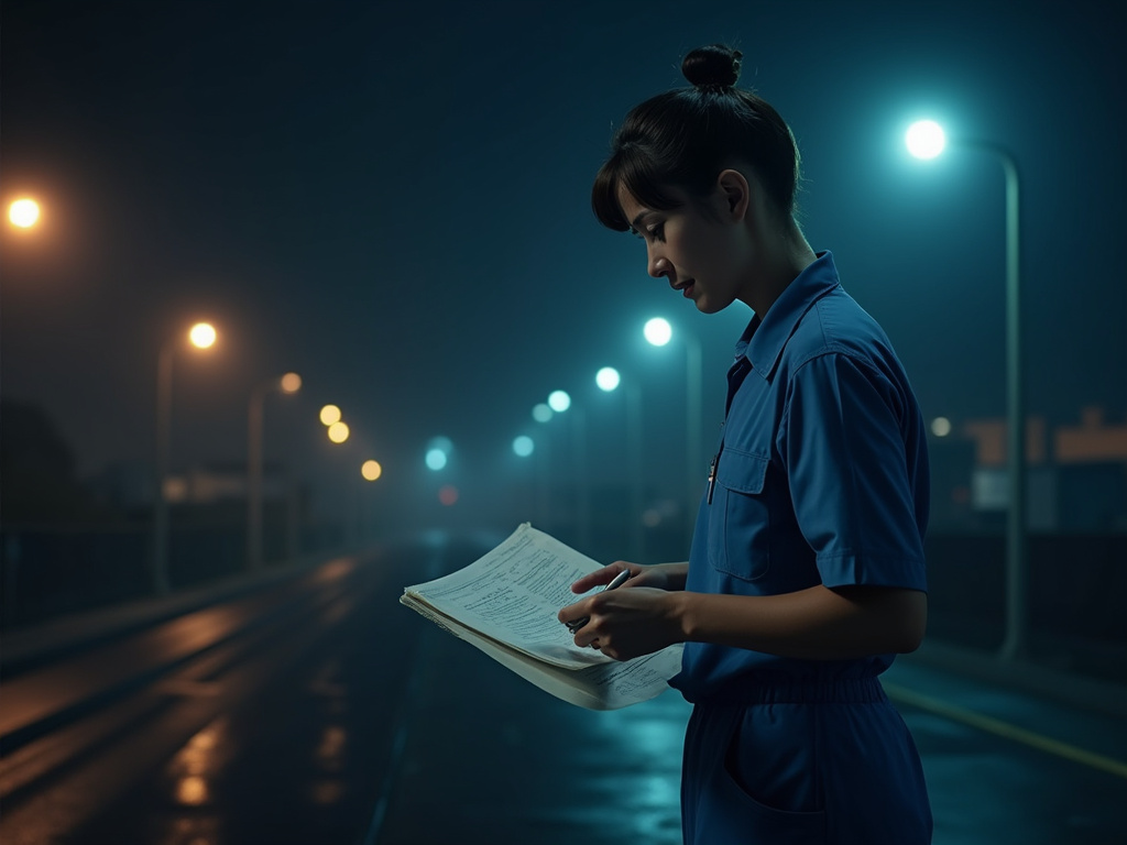 Night shift workers performing duties under artificial lights