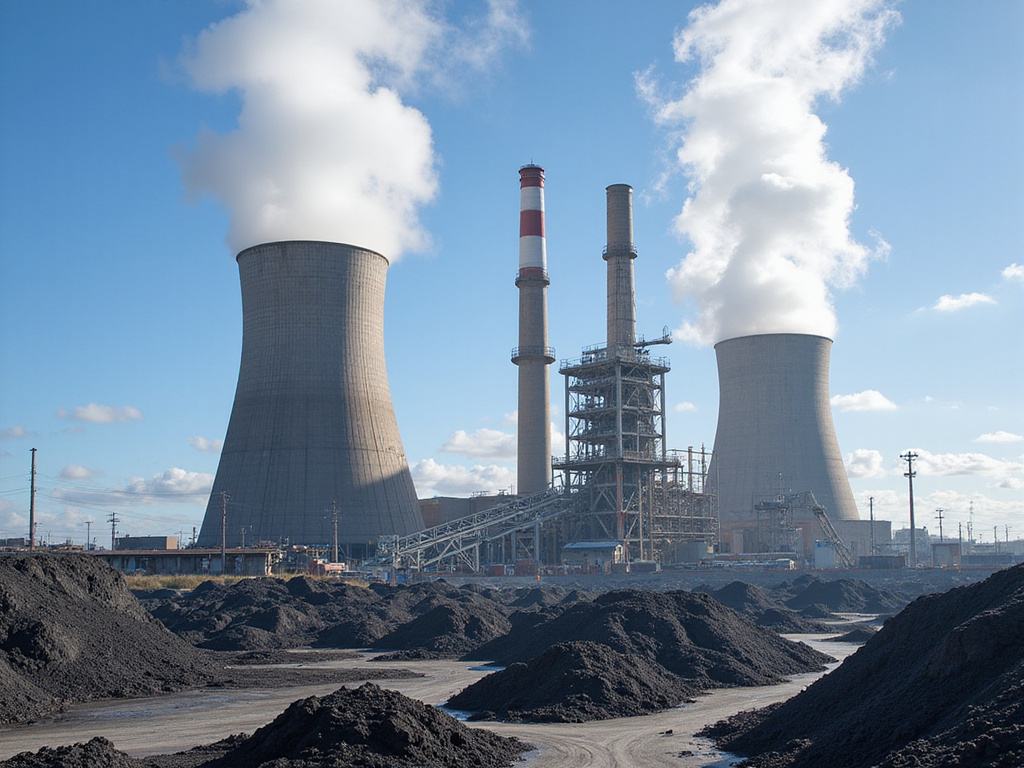 Operating coal power station with chimneys and conveyors on a sunny day