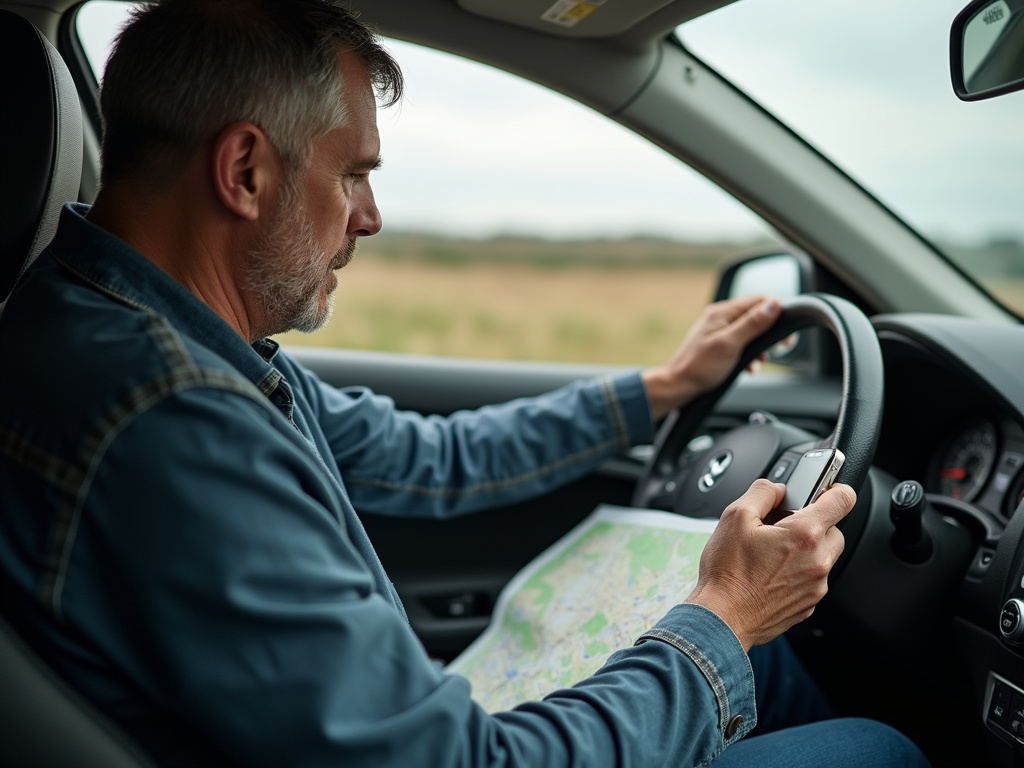 Middle-aged driver distracted by smartphone while operating vehicle