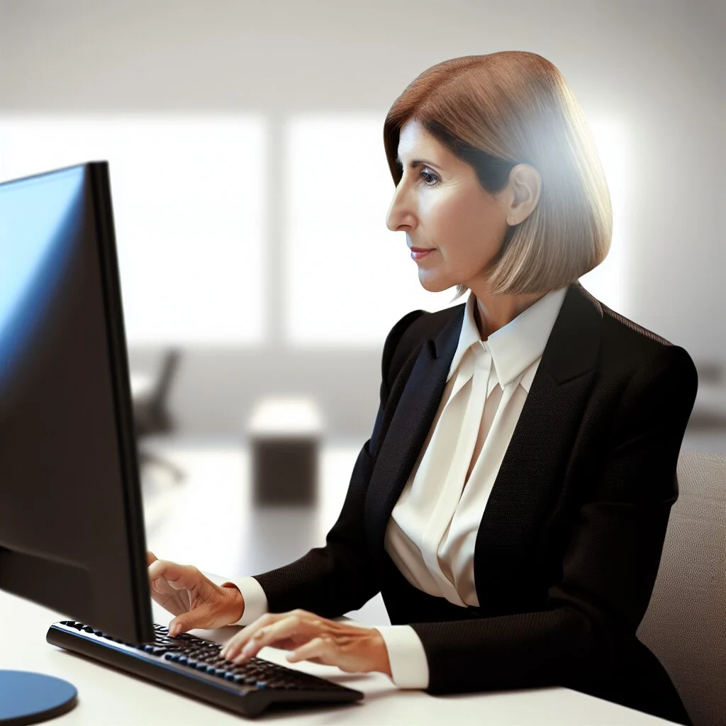 Woman in business casual working on איך וויפ עובד in a well-lit office