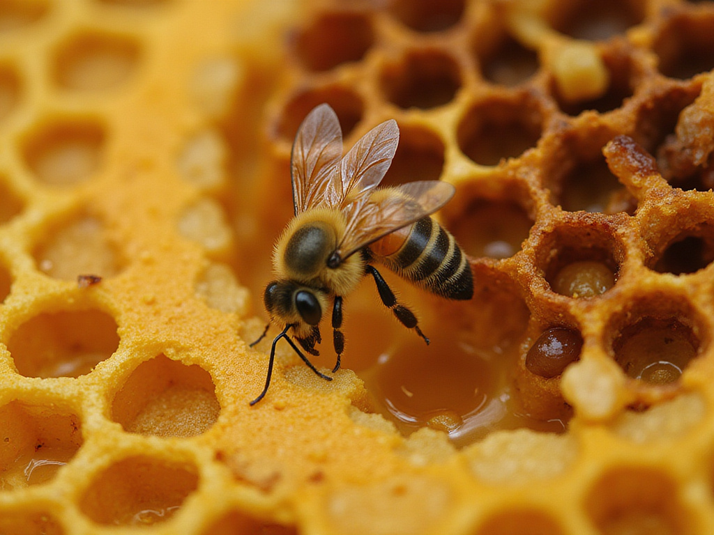 Bee creating honey in hive, symbolizing natural diligence and productivity