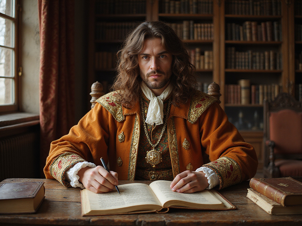 Enlightenment ideas influencing brown-haired king's activities in period scene