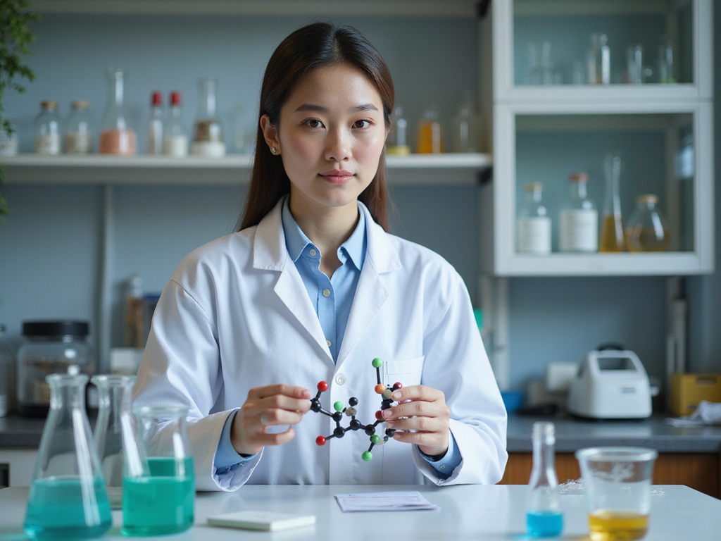 Scientist holding enzyme molecule model in laboratory
