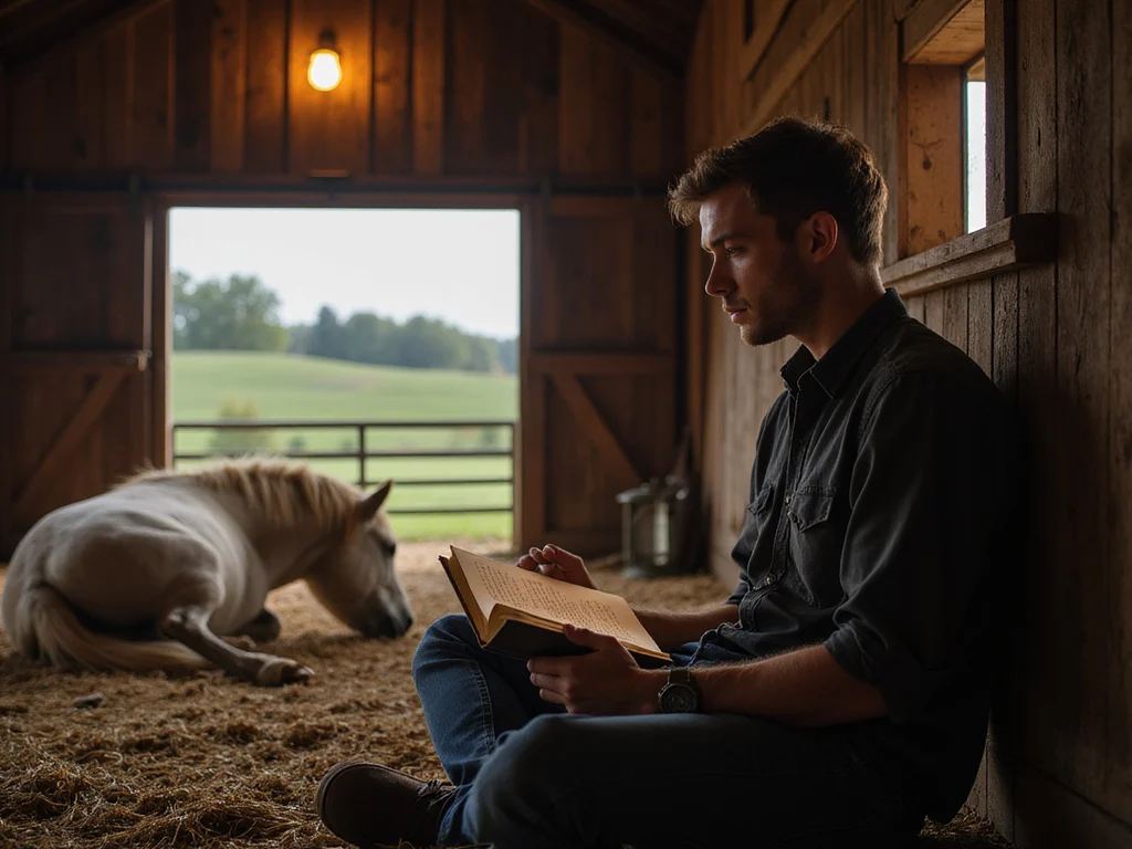 Man reading horse behaviour book near sleeping horse in barn