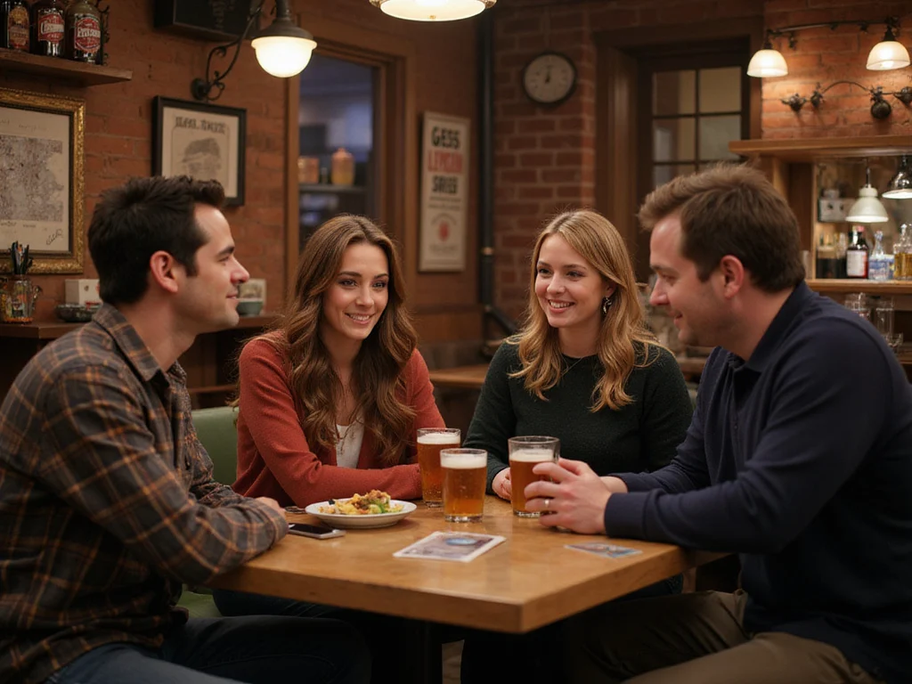 Group of friends laughing together in a pub, referencing איך פגשתי את אמא.