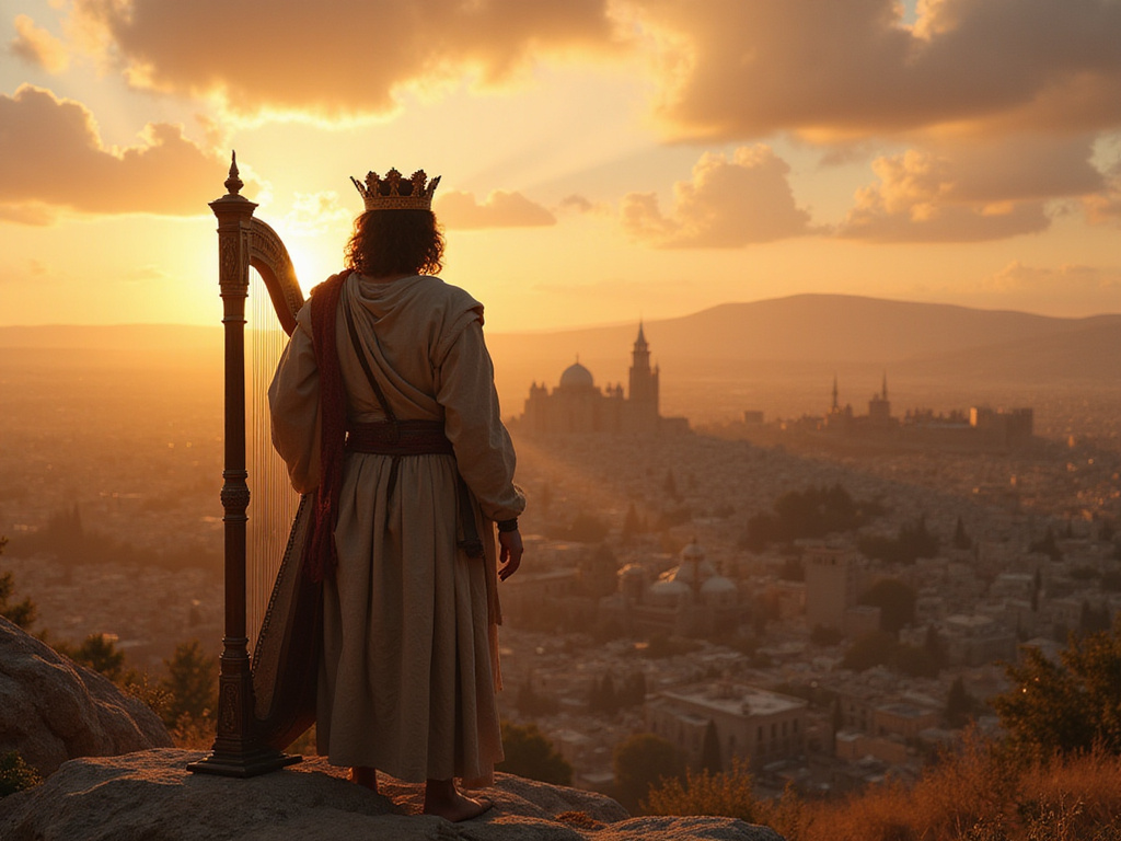 King David conquers Jerusalem, sunset view from hilltop