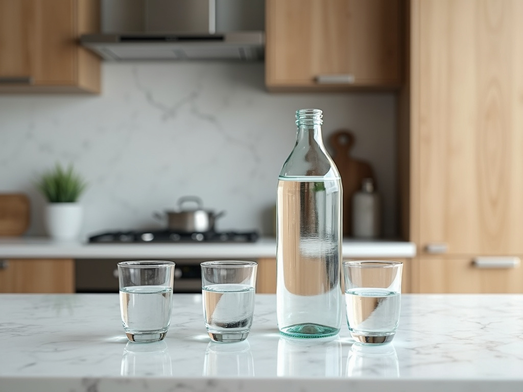 Modern kitchen scene showing how many glasses of water fit into a litre