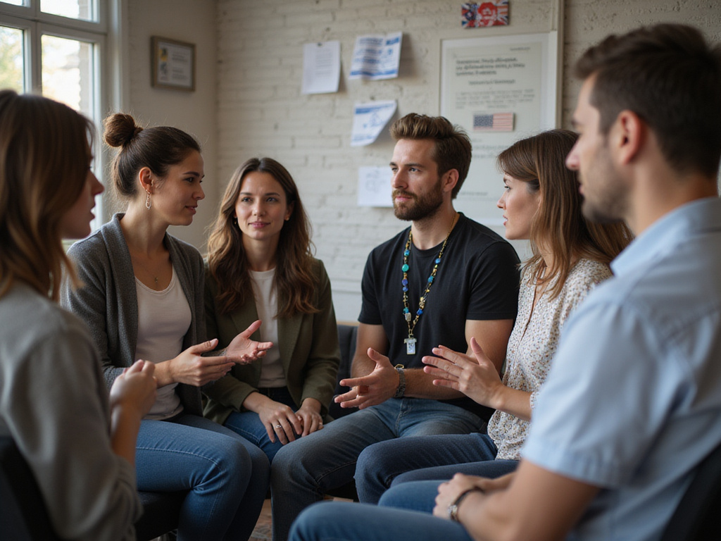 Diverse group discussing כמה יהודים יש בישראל with Jewish Israeli individual