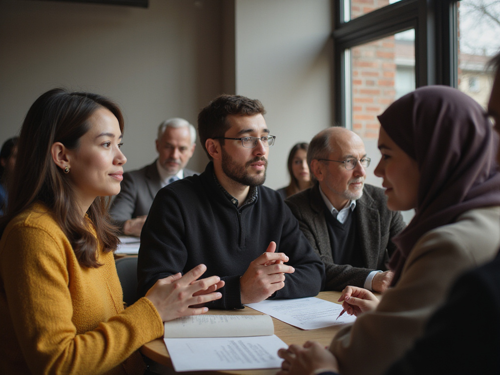 Diverse group discussing global Muslim population growth