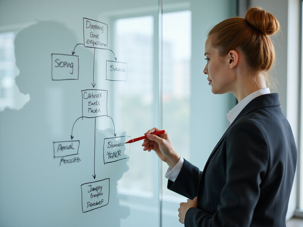 Woman analyzing process flowchart for point deductions evaluation