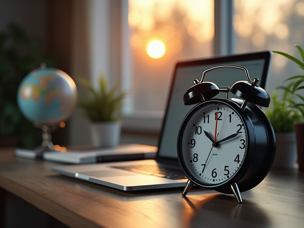 Analog clock displaying dawn in a serene home office scene