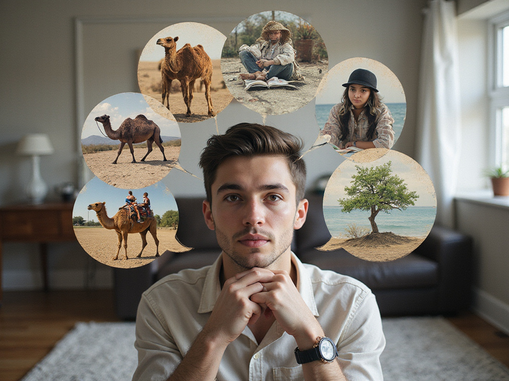 Young adult contemplating their worth in camels symbolically