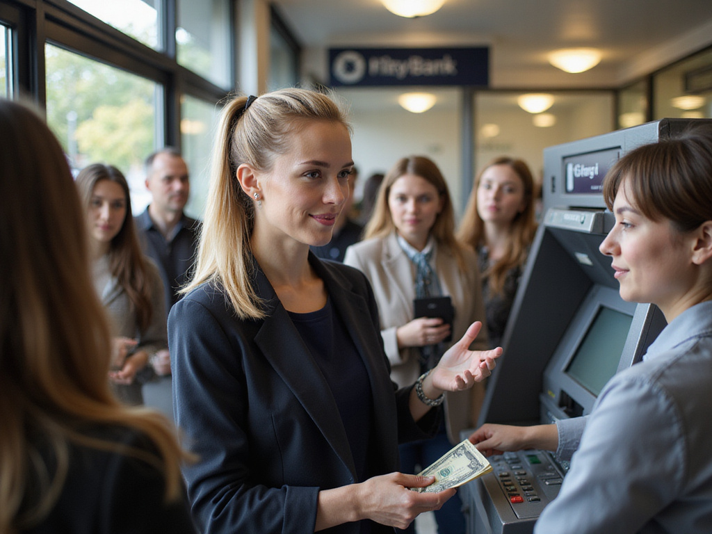 Woman withdrawing money from ATM during discussion in diverse group