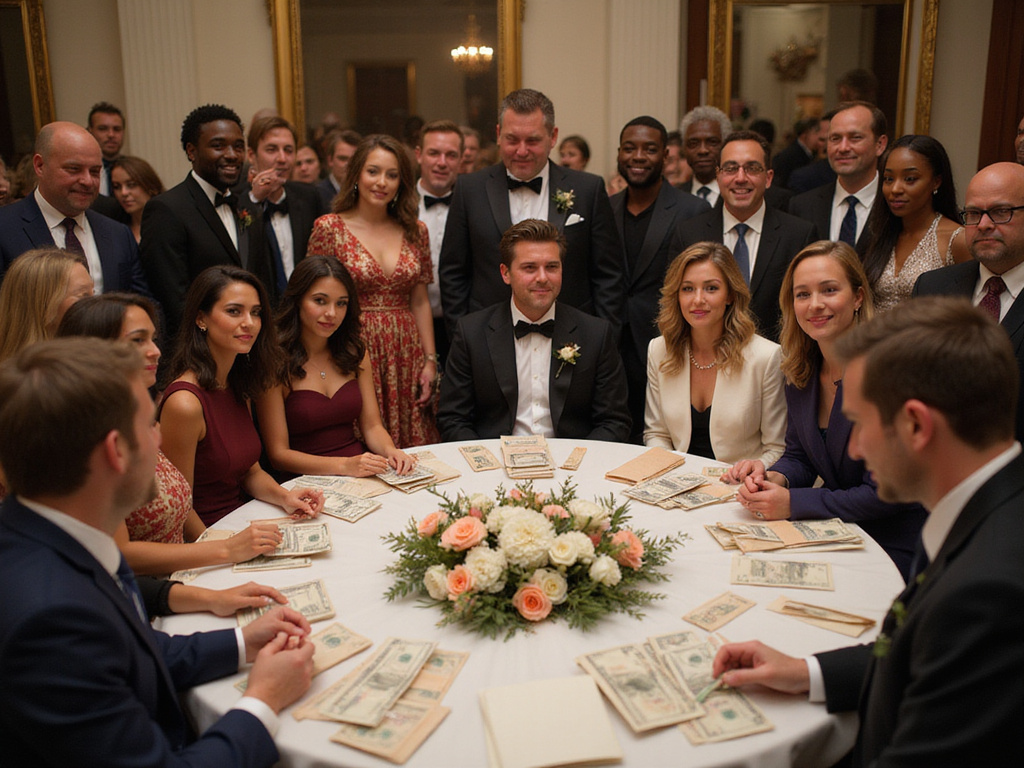 Group at wedding gift table indicating כמה כסף נותנים לחתונה
