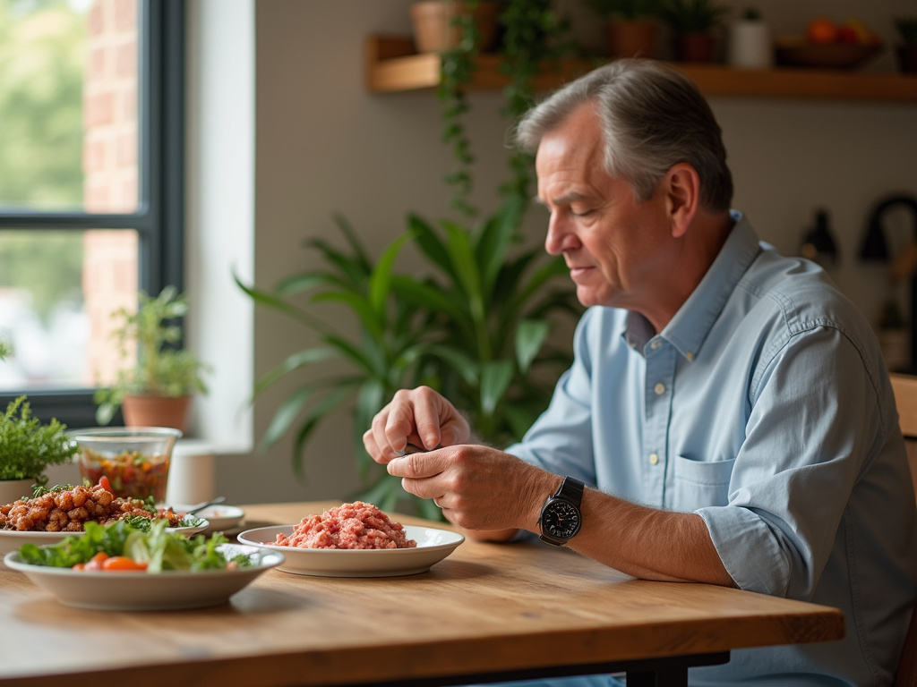 Middle-aged person preparing to eat a healthy tuna meal