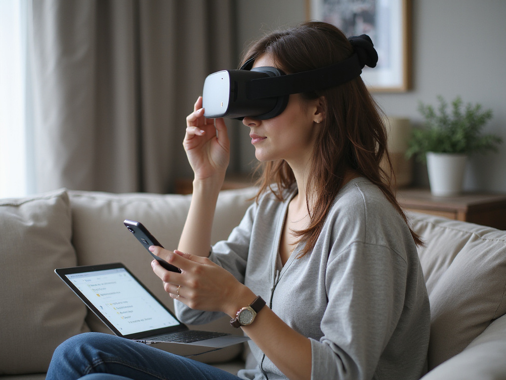 Person in mid 30s using VR headset in minimalistic room