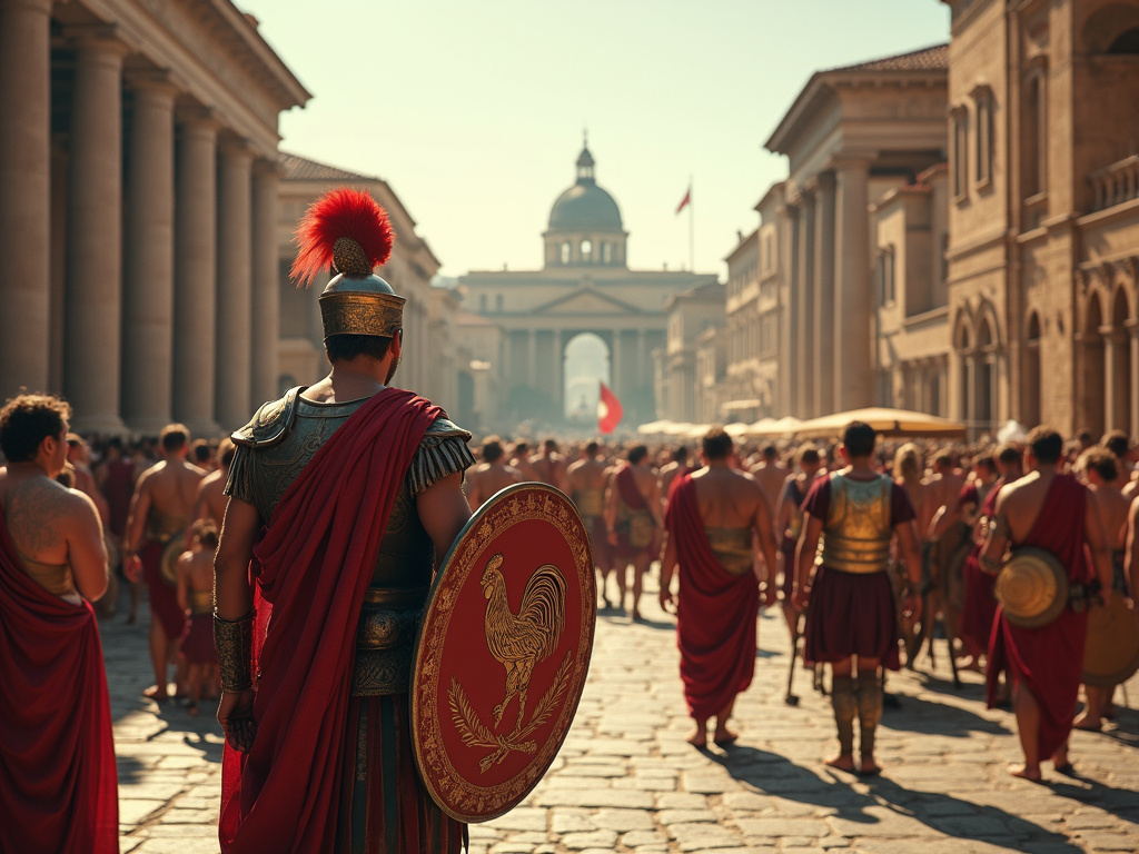 Ancient Roman street scene subtly featuring symbolic Gallic Rooster for France