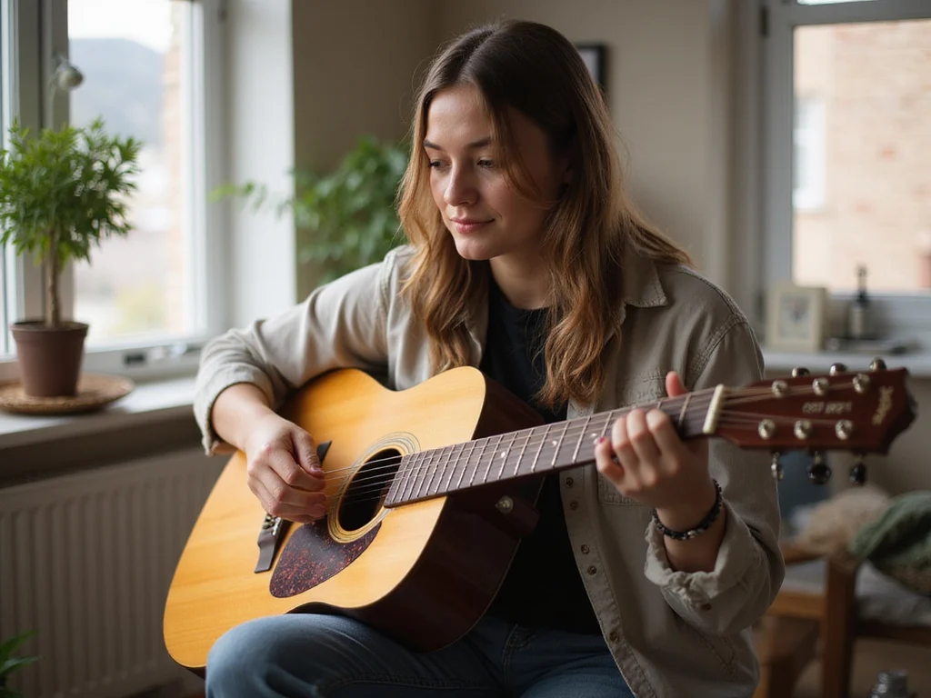 Practicing איך שיר נולד אקורדים on guitar at home