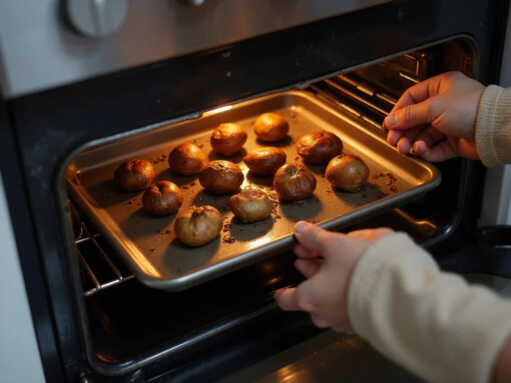 Roasting chestnuts in modern oven, casual person with oven mitt ready.