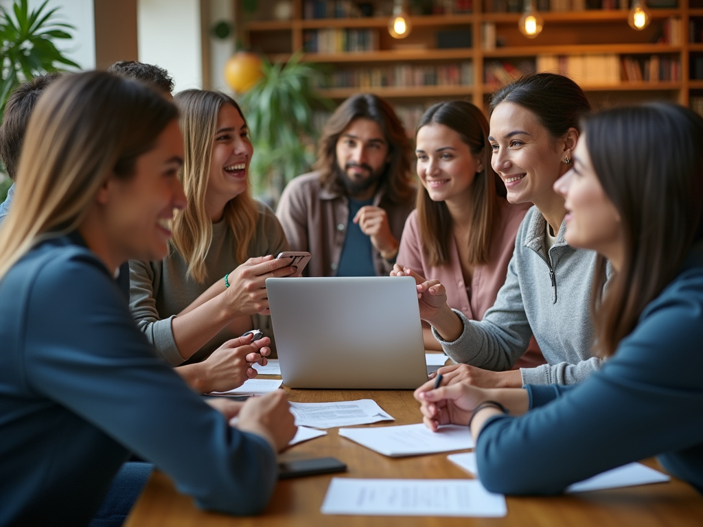 Group discussing lifestyle in USA and UK in casual setting