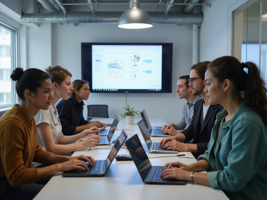 Diverse group using technology to understand כיצד הדברים פועלים
