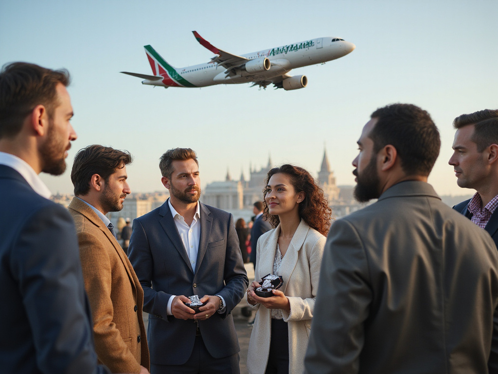 Group discussing under Alitalia plane, man subtly collecting diamonds