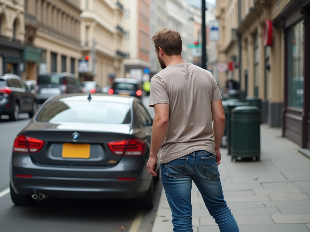Middle-aged man inspecting hit and run damage on his parked car