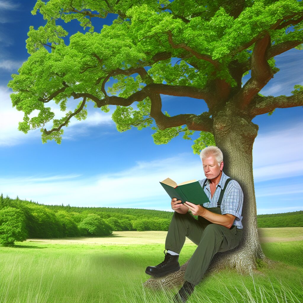 Adult reading under strong tree symbolizing איך זה להיות עץ