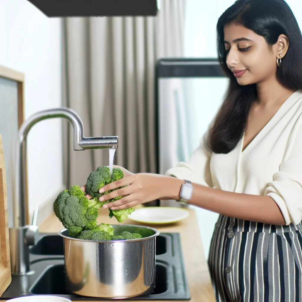 Person in casual dress confidently preparing to steam broccoli