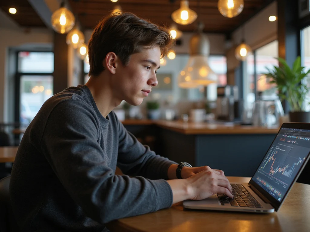Young individual trading Bitcoin on laptop in a cafe