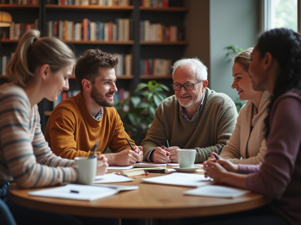 Diverse group studying כיצד לרכוש ידידים והשפעה pdf in communal setting