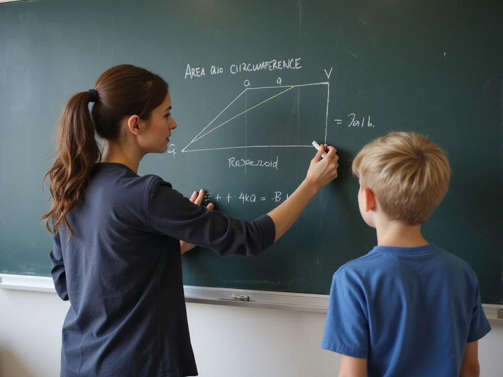 Teacher explaining how to calculate trapezoid area to attentive student