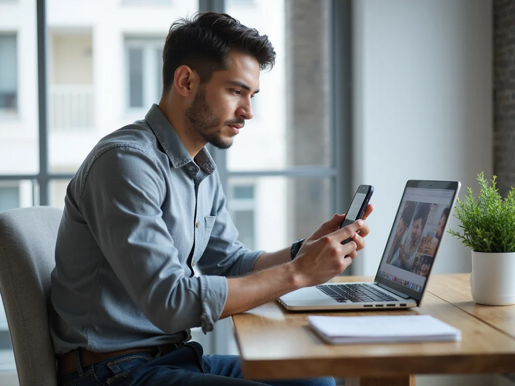Man taking screenshot on laptop and smartphone at workspace