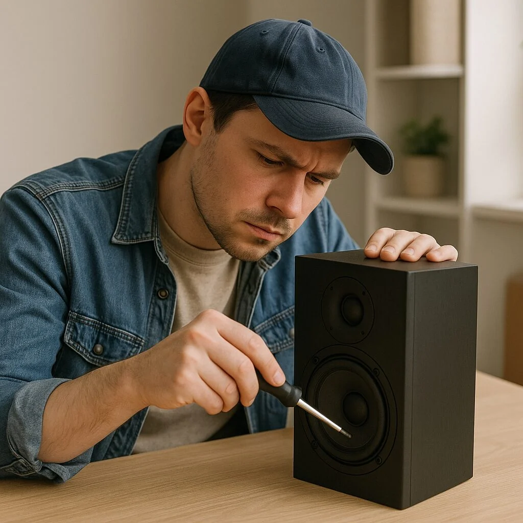 Individual examining or fixing speaker, demonstrating איך בודקים תא קולי.
