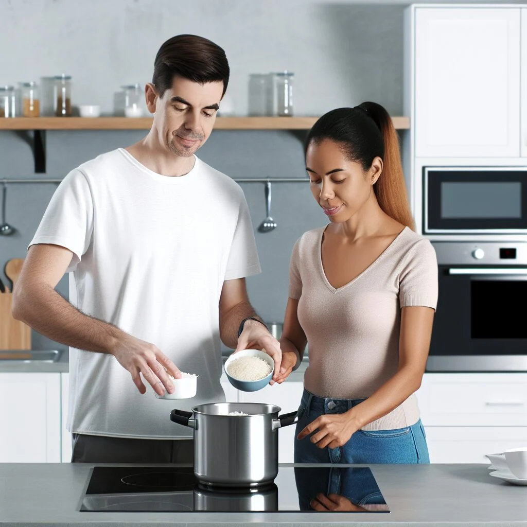 Adults in modern kitchen demonstrating how to cook rice