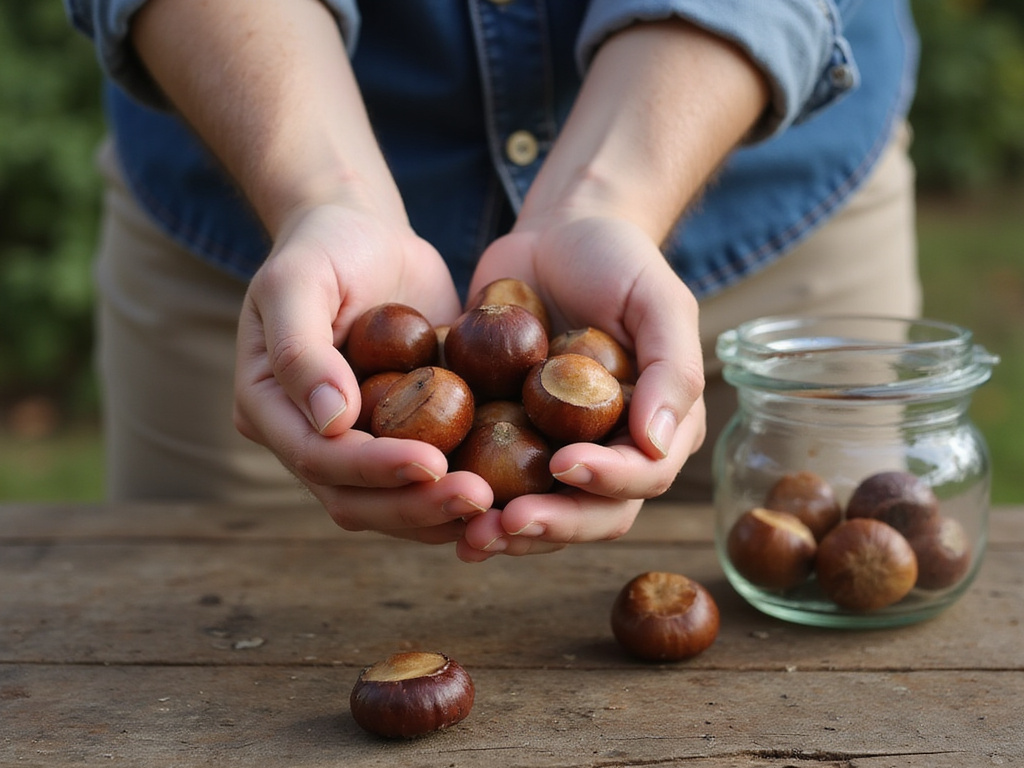 Caucasian hands gathering and preserving chestnuts outdoors