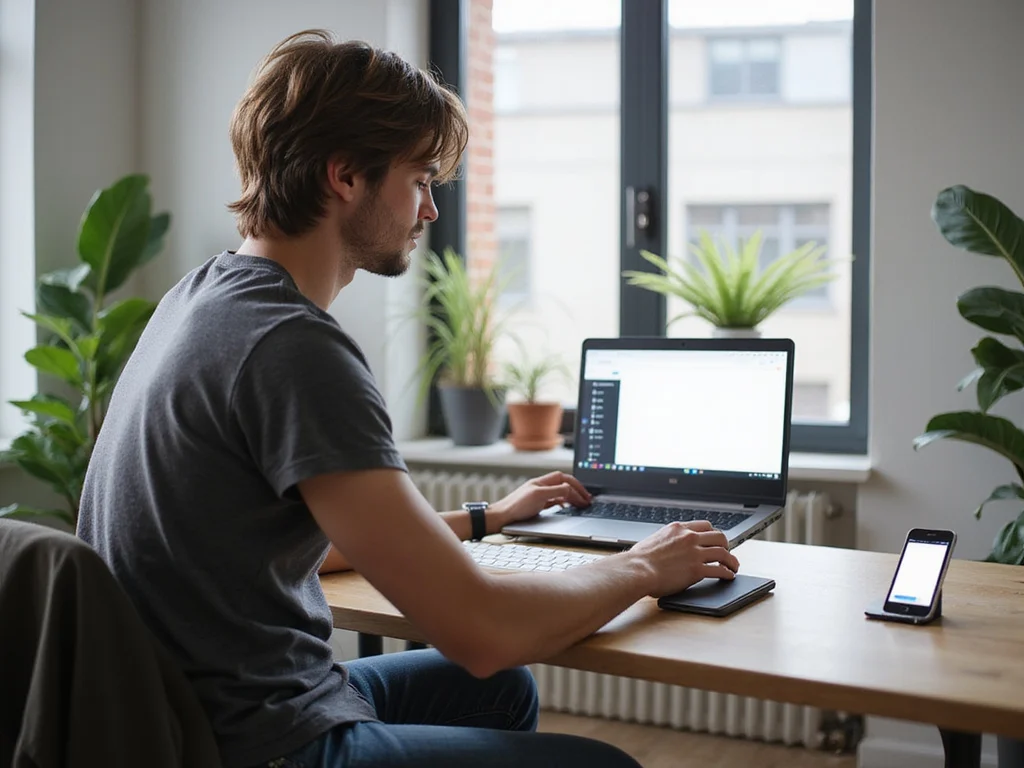Man in 20s learning איך פותחים מייל חדש on laptop and smartphone