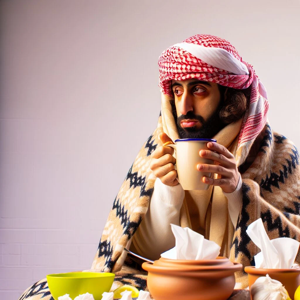 Adult feeling better from common cold with hot tea and blankets