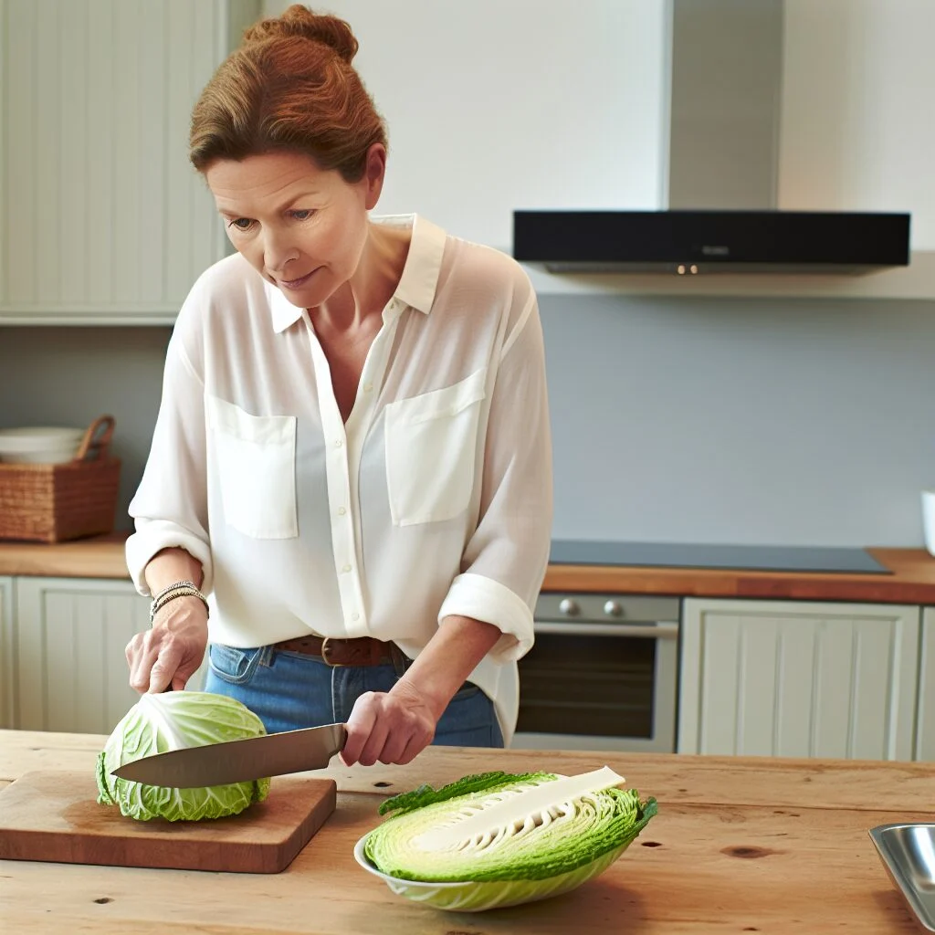 Mature woman demonstrating איך חותכים כרוב in a kitchen setting