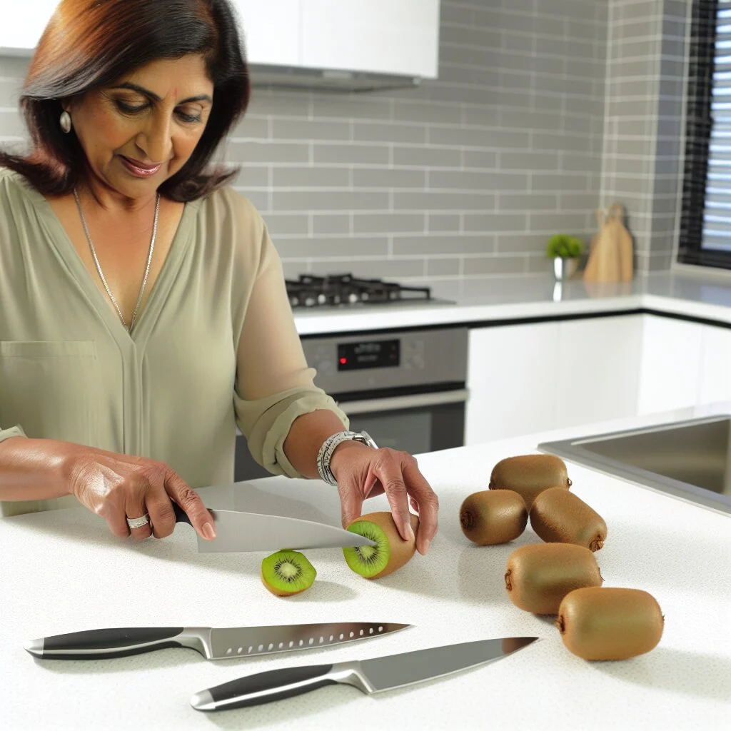 Adult demonstrating איך חותכים קיווי on a clean kitchen countertop