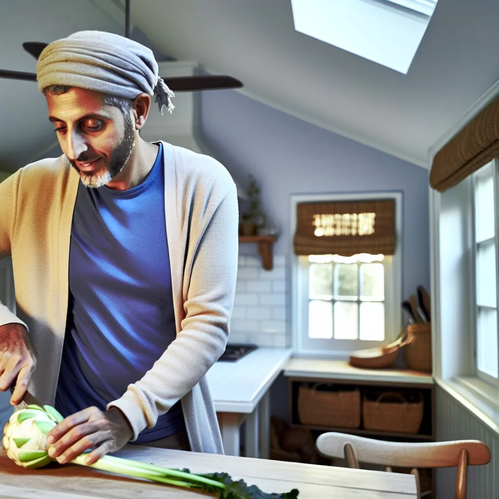 Adult cutting kohlrabi in a bright, inviting kitchen