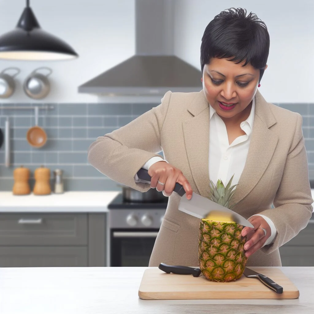 Adult accurately cutting pineapple in well-lit kitchen