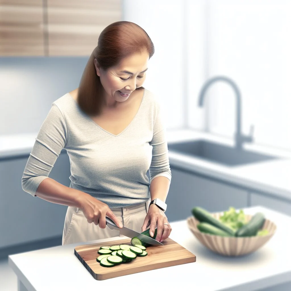Individual cutting cucumber in modern kitchen setting