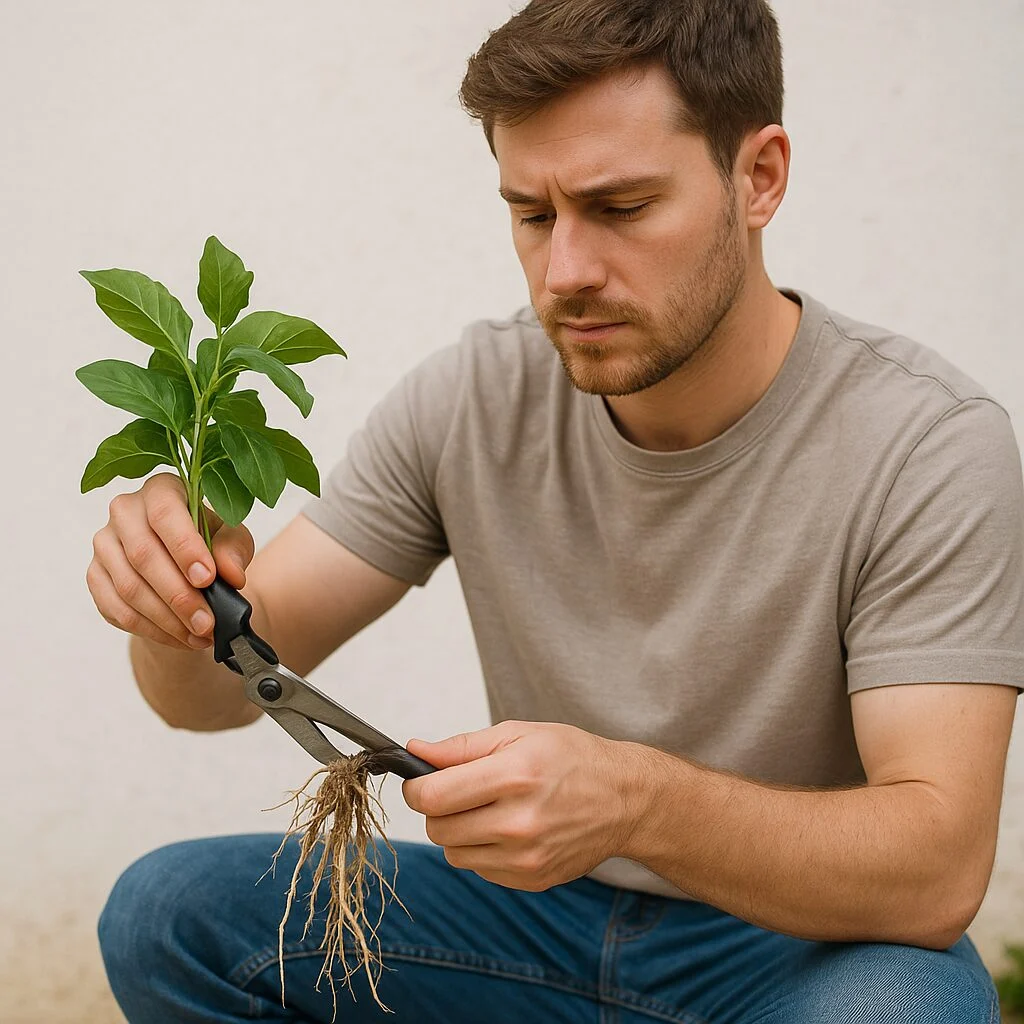 Person in modern clothing cutting a plant's root
