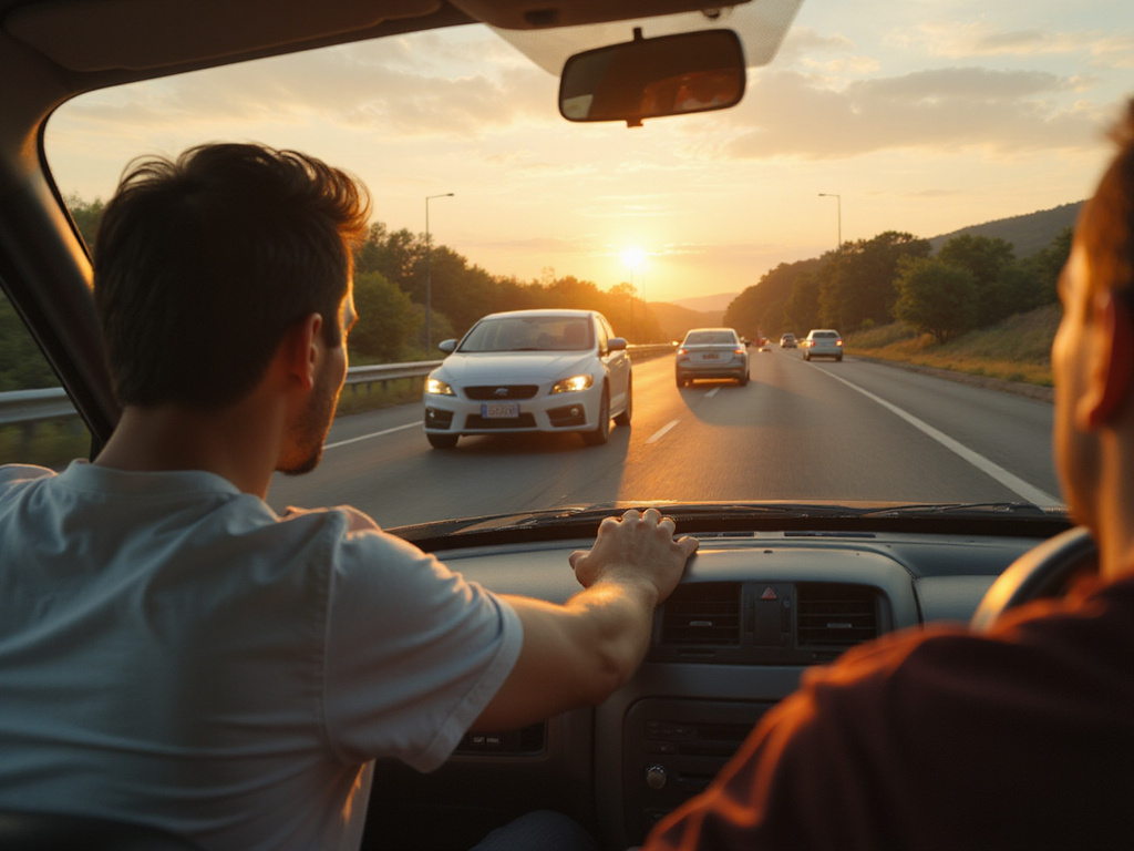 Vehicle being overtaken on bustling highway in guiding sunset light