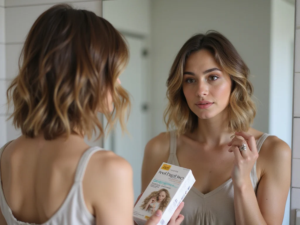 Woman contemplating איך צובעים שיער with ammonia-free hair dye box