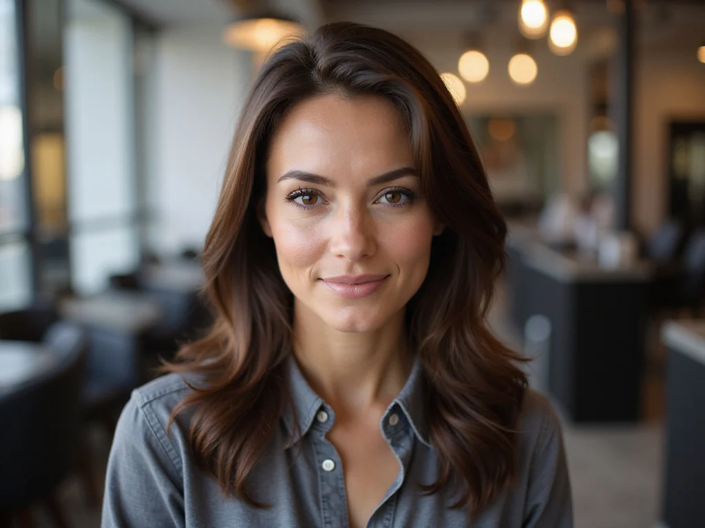 Woman transitioning hair color from black to bright brown in salon