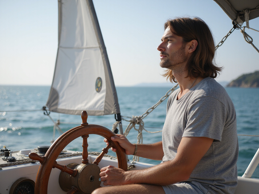 Sailing tutorial with individual operating boat's captain wheel