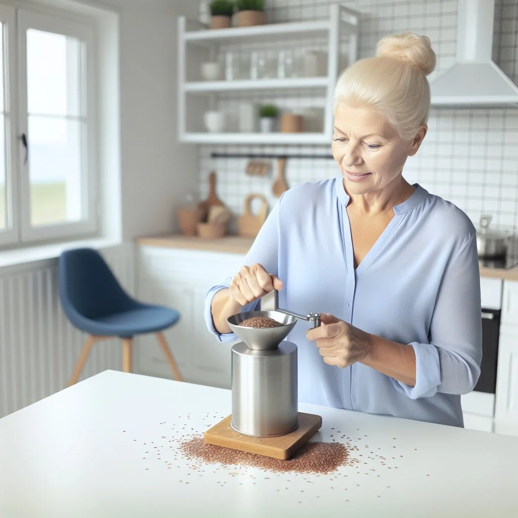 Mature adult grinding flax seeds in a modern kitchen