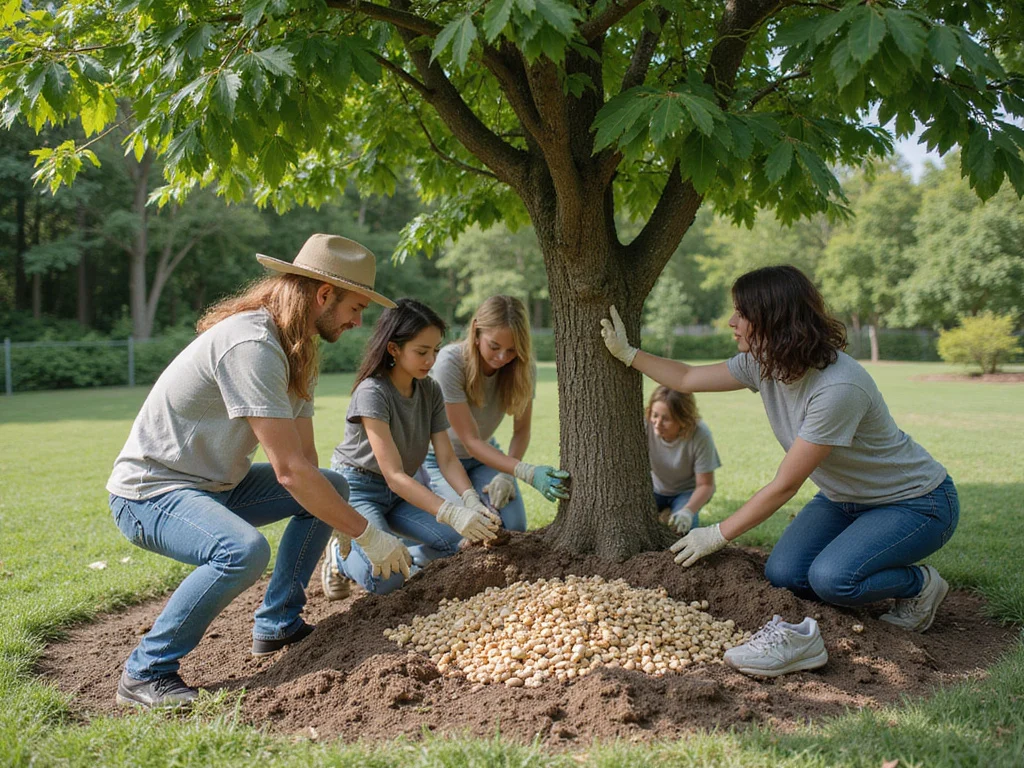 Group of people nurturing a growing cashew tree in a garden